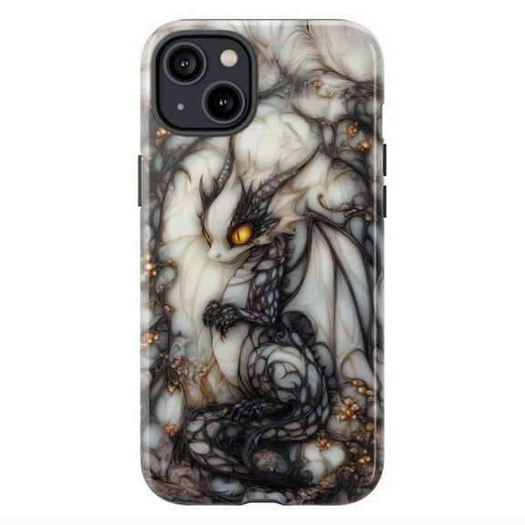 Mystical Dragon Phone Case, Fantasy Black White Dragon with Golden Eyes Protective Cover for iPhone 16 15 14 13 12 11 Pro Max Plus Mini