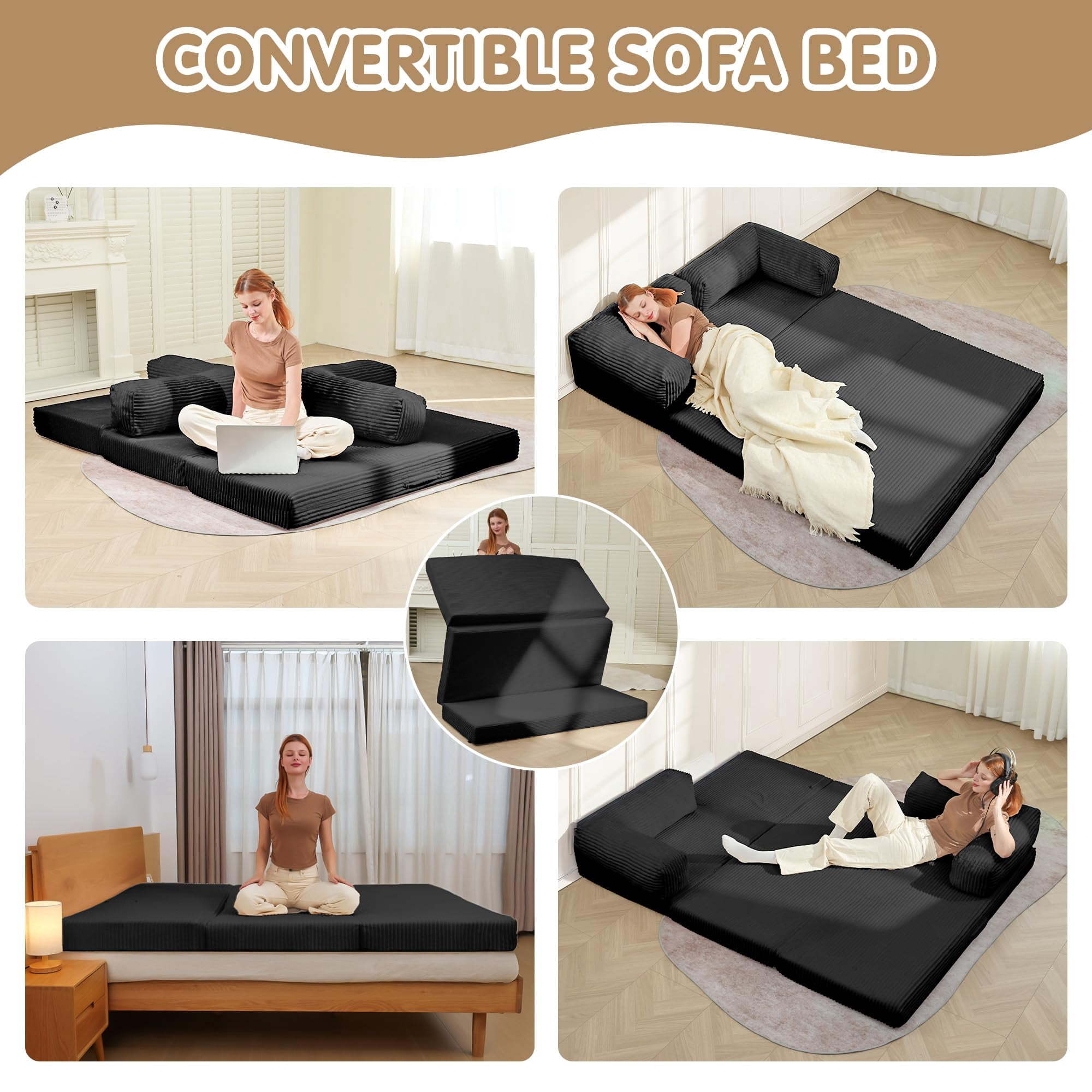 5-in-1 Convertible Sofa Bed,60" Boneless Couch Tri Folding Floor Mattress with Removable L-Shaped Armrests & Handle,Corduroy Futon Couch Sleeper for Living Room Bedroom Apartment, Black