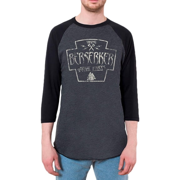 Berserker Viking Special Forces Retro Vintage Mens Raglan T Shirt Heather Black-Black 2XL