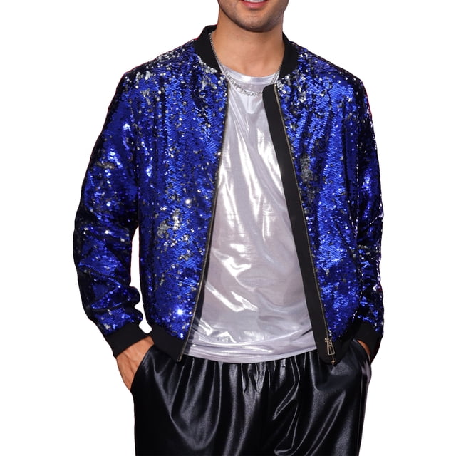 Chaqueta bomber de lentejuelas brillantes para hombre, chaqueta metálica de fiesta con cremallera, chaquetas varsity 2XL azul real