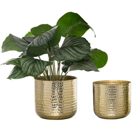 MyGift 2 Piece Hammered Style Cylindrical Planter Pots, Brass Plated Metal