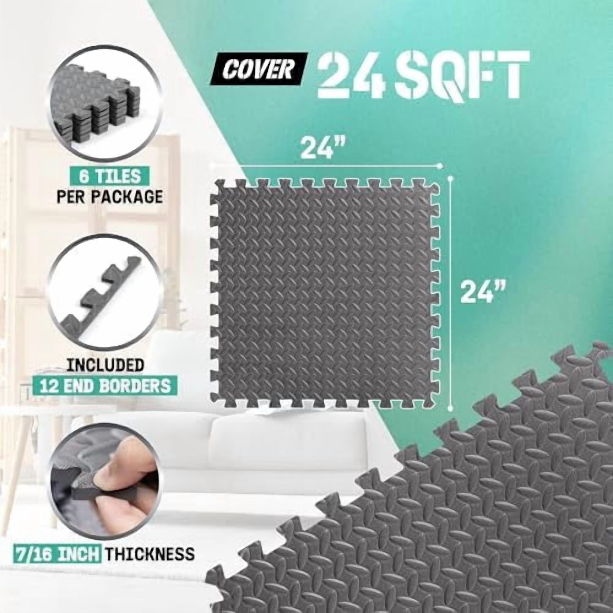 24SQFT-120SQFT Puzzle Exercise Mat for Home Gym, EVA Interlocking Foam Floor Tiles with Border for Workout Equipment Grey,A. 7/16" Thick, 24SQFT