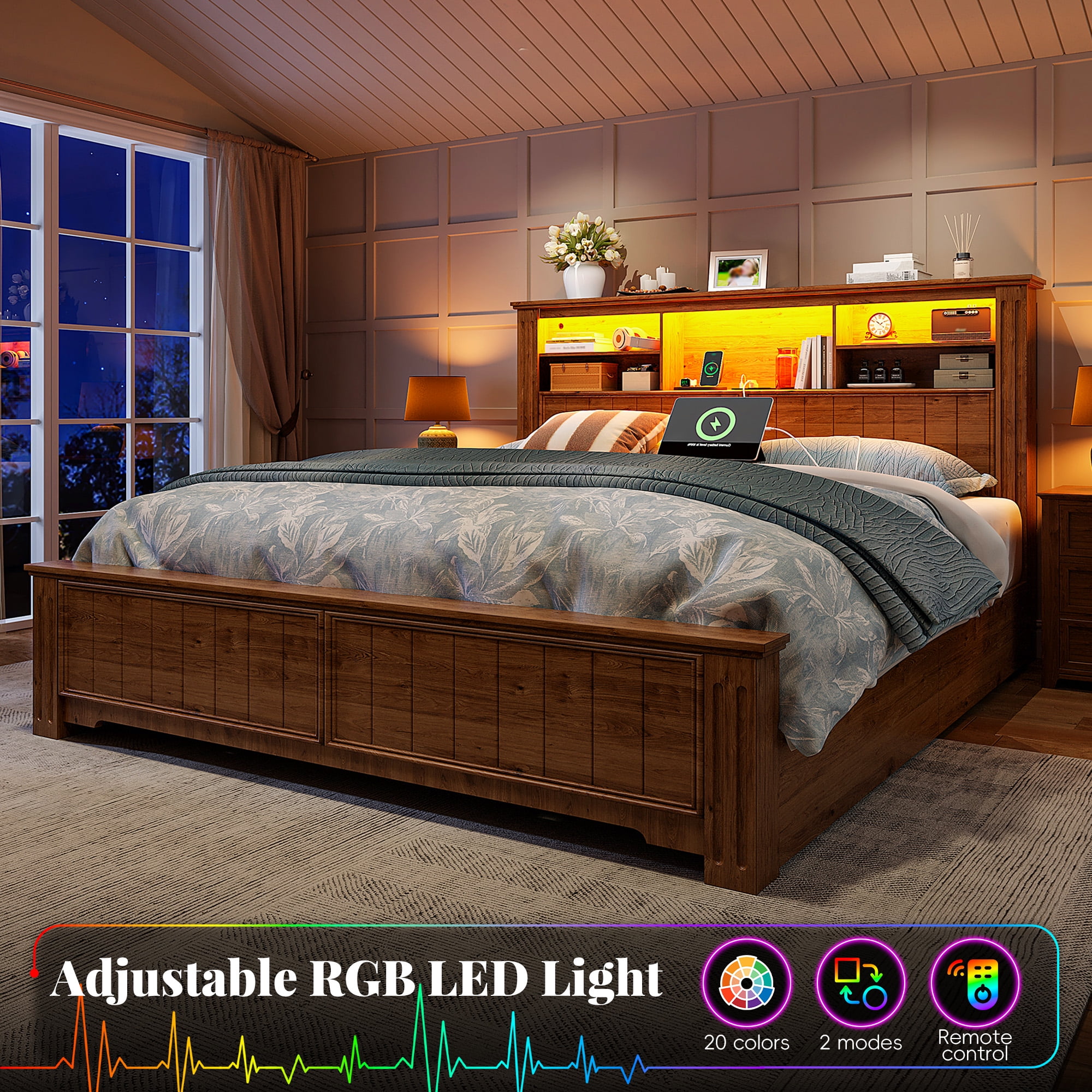 EnHomee Queen Bed Frame with Headboard Bed Frame with 4 Storage Drawers & LED Lights Platform Bed frame with Charging Station