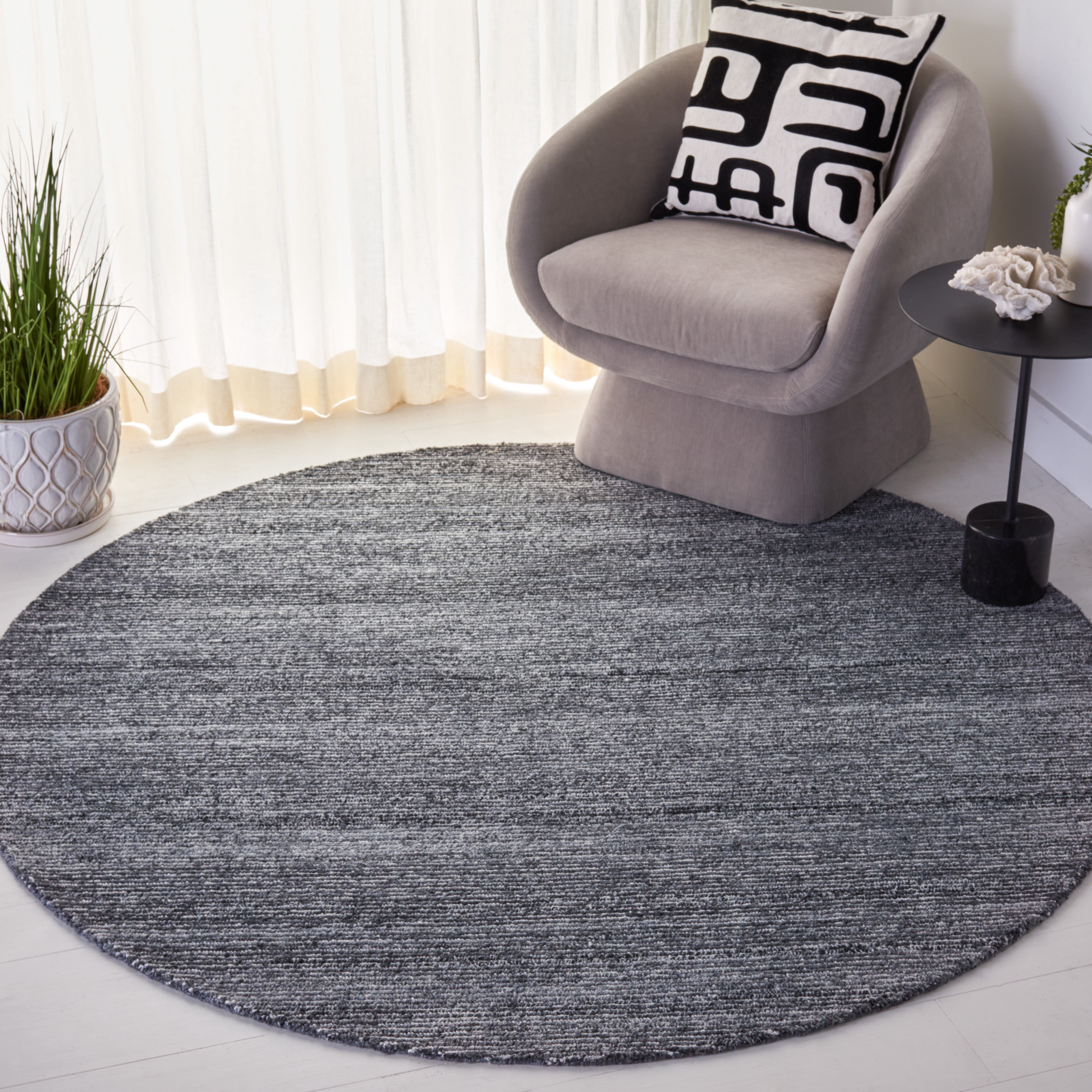 SAFAVIEH Mirage Lecia Striped Polyester Area Rug, Dark Gray/Ivory, 6' x 6' Round