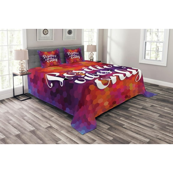 Ambesonne Geometric Quilted Bedspread Set 3 Pcs, Positive Vibes Only, Queen Size, Multicolor