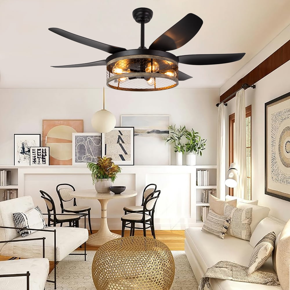 Ohniyou 52" Caged Farmhouse Ceiling Fan with Lights and Remote 6 Blades Fandalier Indoor Outdoor Ceiling Fans for Patio Living Room Kitchen, Black