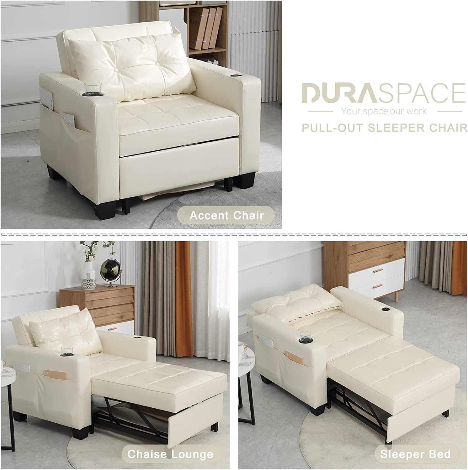 DURASPACE Sofa Bed with USB Ports, Cup Holder, Side Pocket, Storage