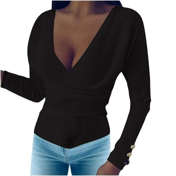 Moda para mujer Sexy Casual Sólido Cuello en V Tejido diario Camisa de vacaciones Blusa Tops Pompotops gfhjh23055
