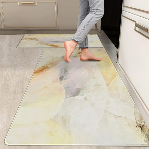 2 Pieces Kitchen Rugs, Abstract Anti Fatigue Non Slip Foam Cushioned Art Bright Yellow Modern Pale Comfort Indoor Floor Mat Runner Rug Set for Laundry Office Sink Bathroom (17"X48" 17"X24")