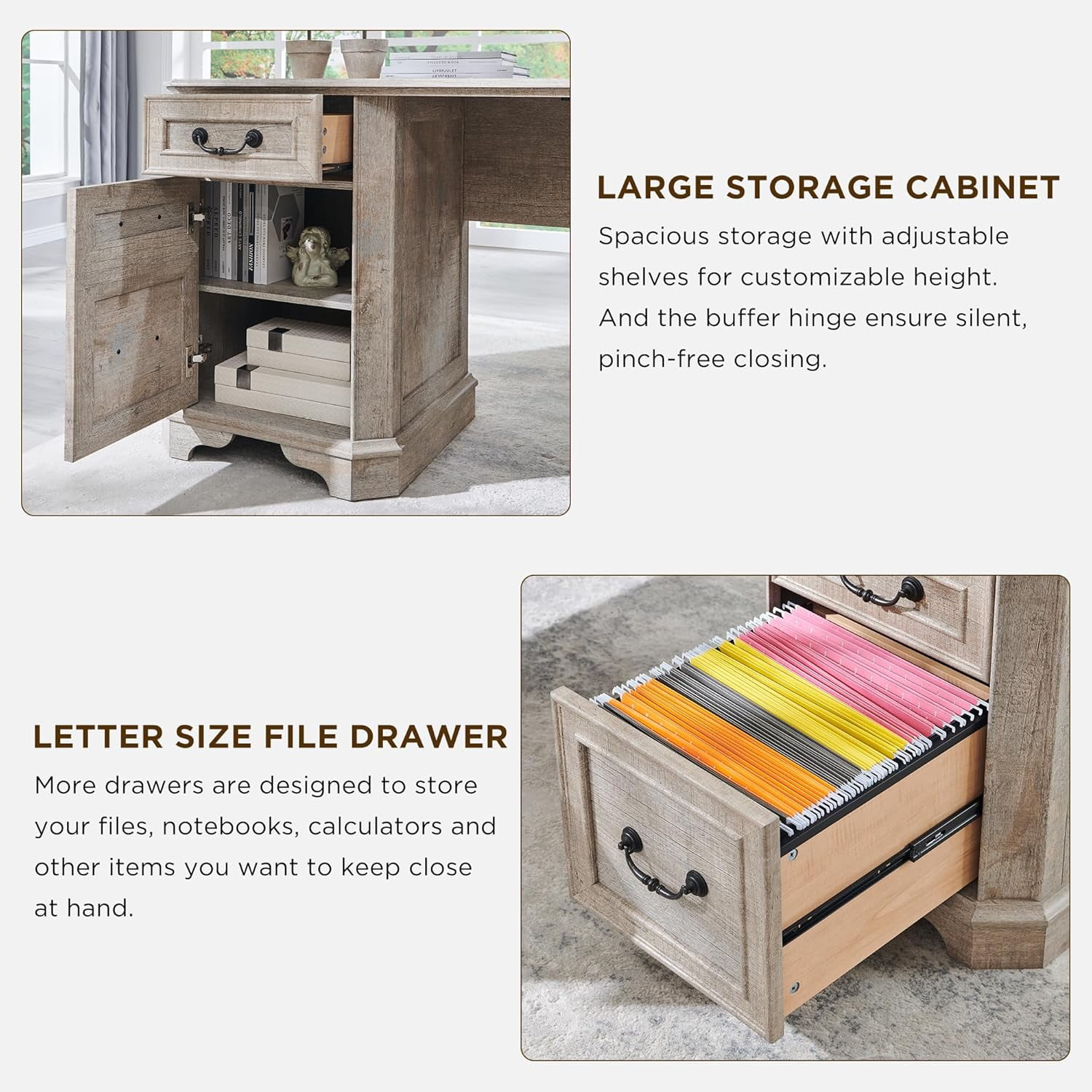 OKD Farmhouse L Shaped Desk with Charging Station and Drawers，Engineered Wood Executive Desk，for Home Office & Living Room