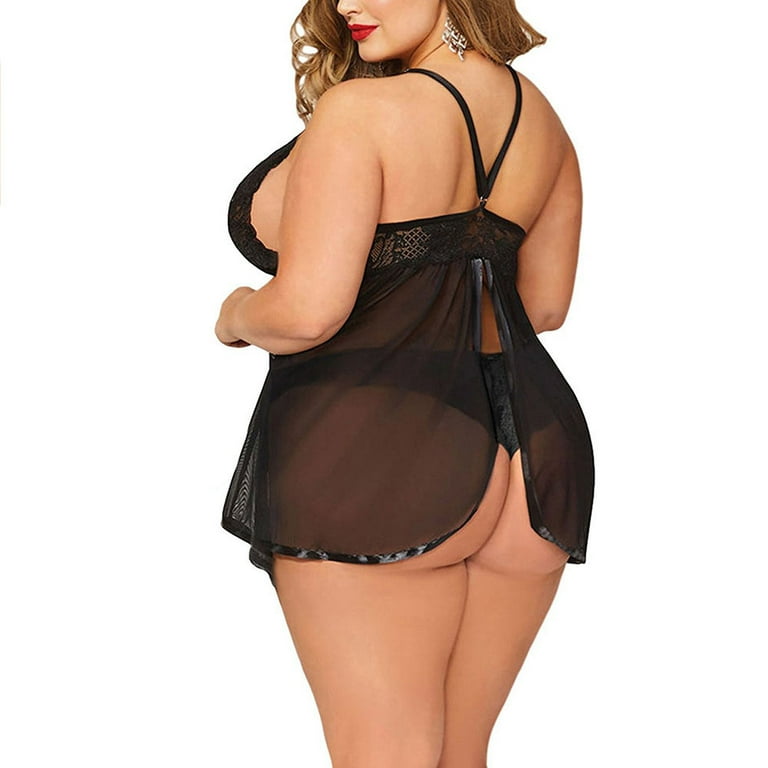Hot Chubby Woman Wearing Lingerie Transparent Black Dress Stock