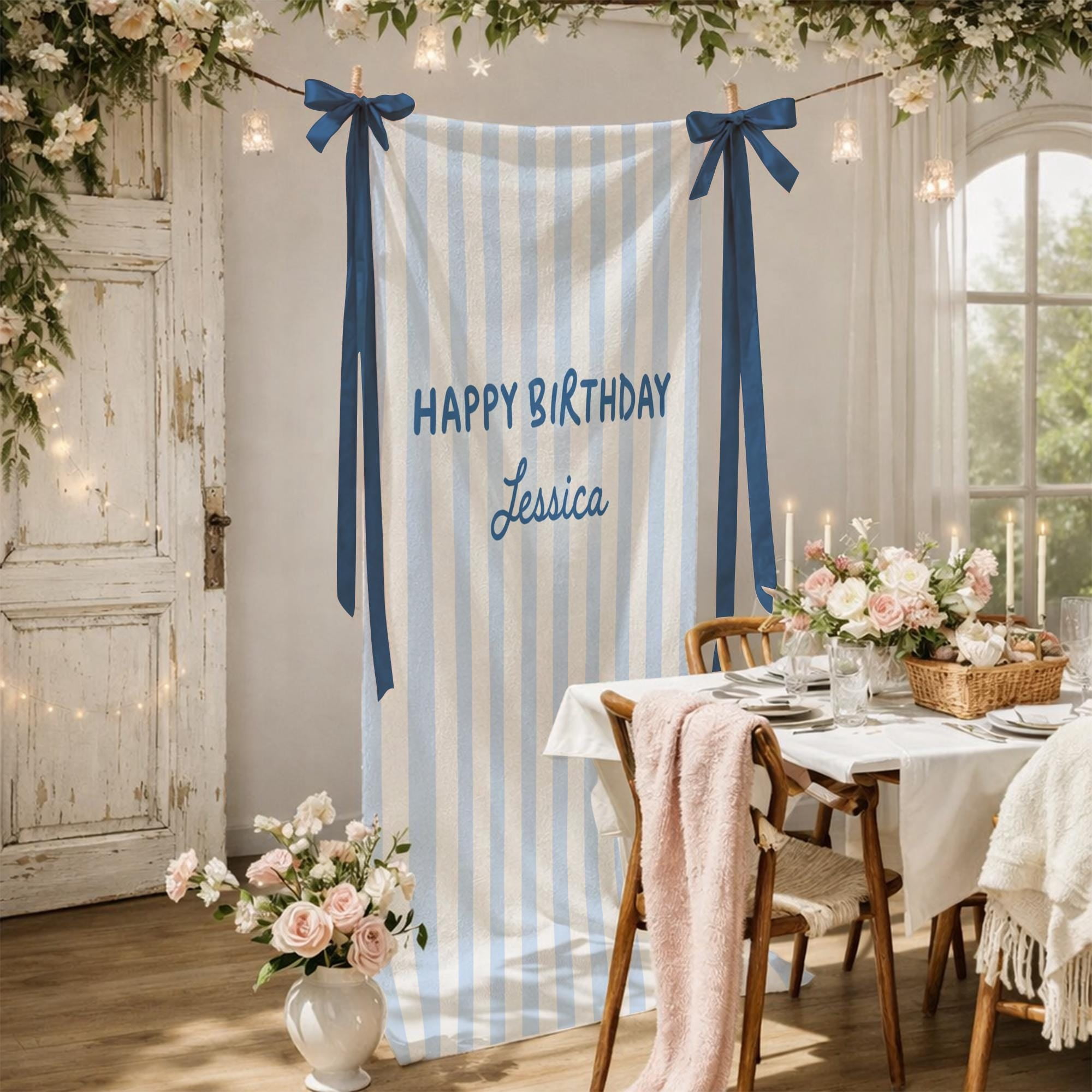 ViciArt Striped Cotton Linen Birthday Banner, Custom Name Party Backdrop