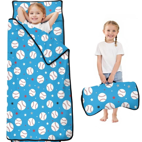 Baseballs and Stars Light Blue Pattern Teens Toddler Nap Mat with Pillow, Sleeping Mat Bag for Preschool Daycare 59"x22"