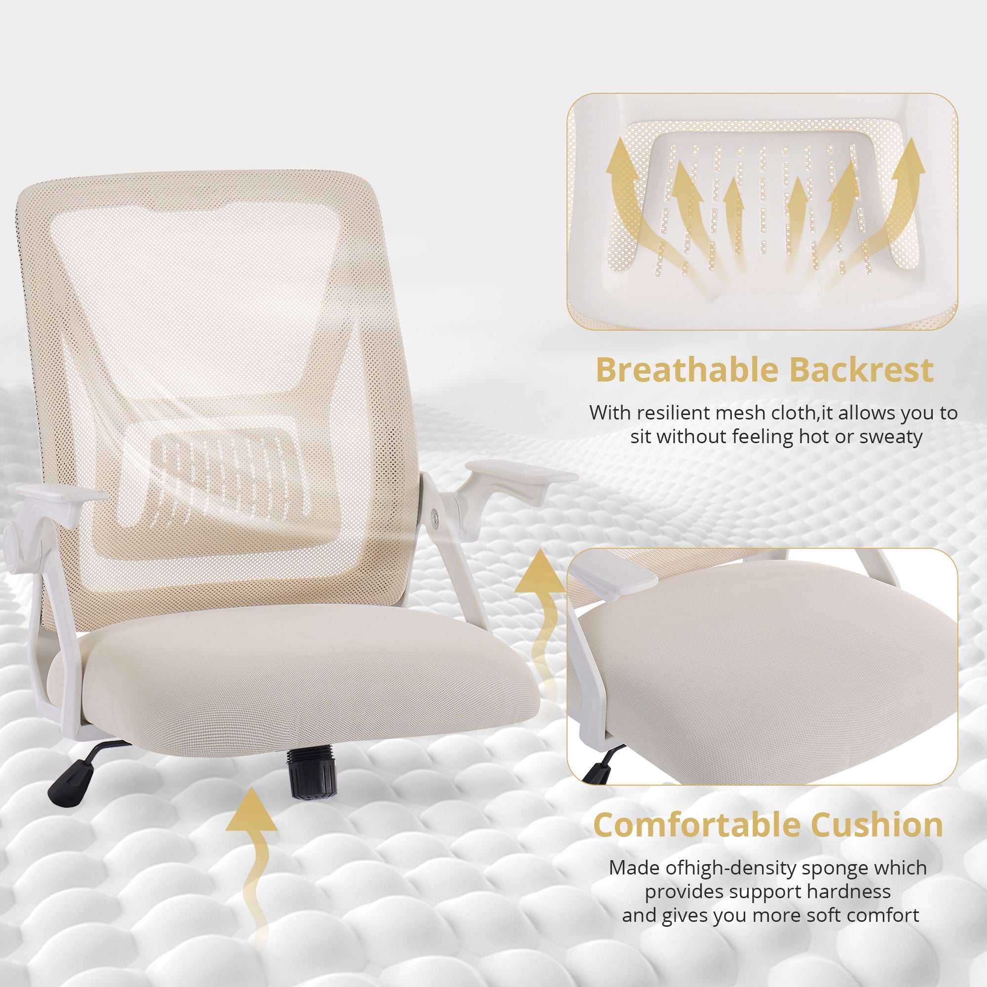 VECELO Mid-Back Swivel Adjustable Ergonomic Office Chair, Mesh Lumbar Support and Adjustable Arms Task Chair for Computer, Beige