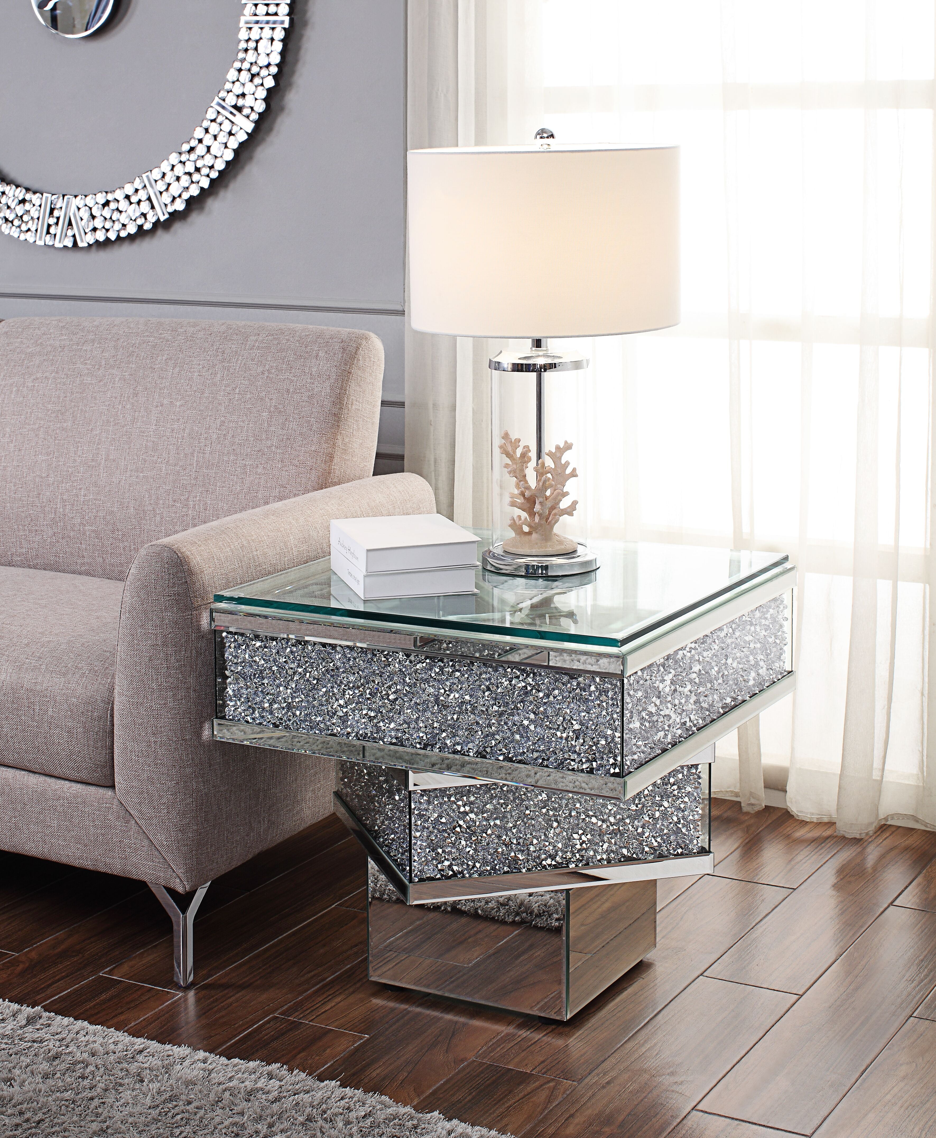 ACME Noralie End Table in Mirrored & Faux Diamonds