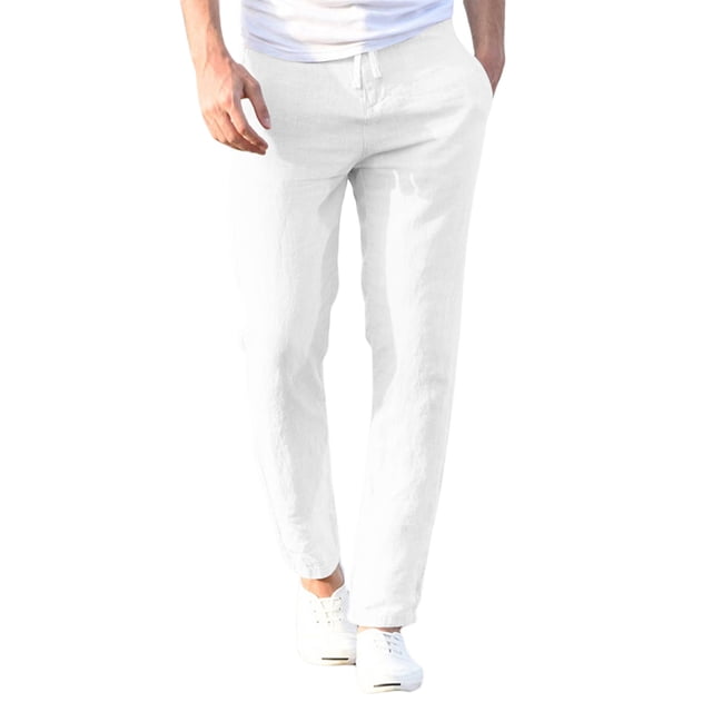 Lucakuins Pantalones casuales de lino y algodón para hombre, pantalones sueltos de cintura elástica con cordón de color sólido con bolsillos Lucakuins moda