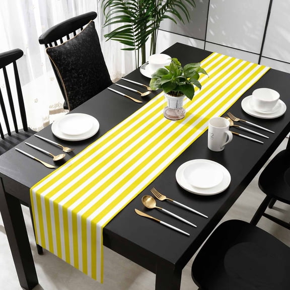 Yellow Striped Cotton Linen Table Runner 13 x 90 inch Modern Farmhouse Yellow White Stripes Non-slip Rectangular Dining Table Decor for Wedding Party Holiday Dinner
