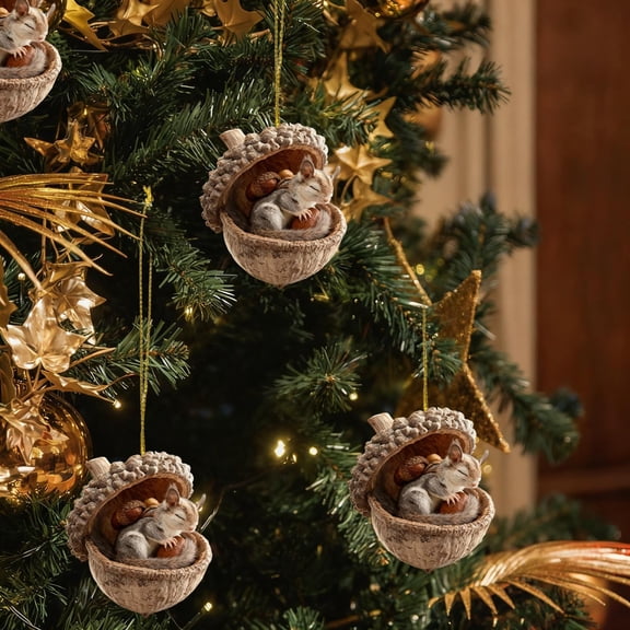 3.94 Inch Flat Acrylic Christmas Ornament, Cute Forest Animals in Acorn Shell Hanging Pendant, Squirrel Hedgehog Rabbit Chipmunk Woodland Tree Decor, Rustic Holiday Keepsake Gift