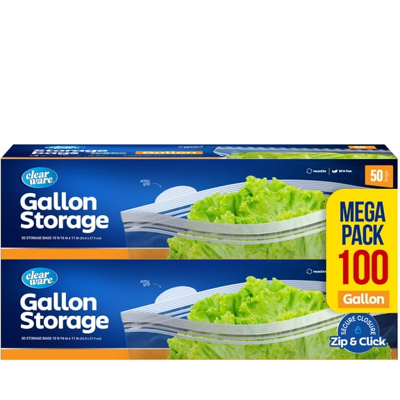 Clearware 1 Gallon Double Zipper Food Storage Bags, 100 Count, 2 Pack