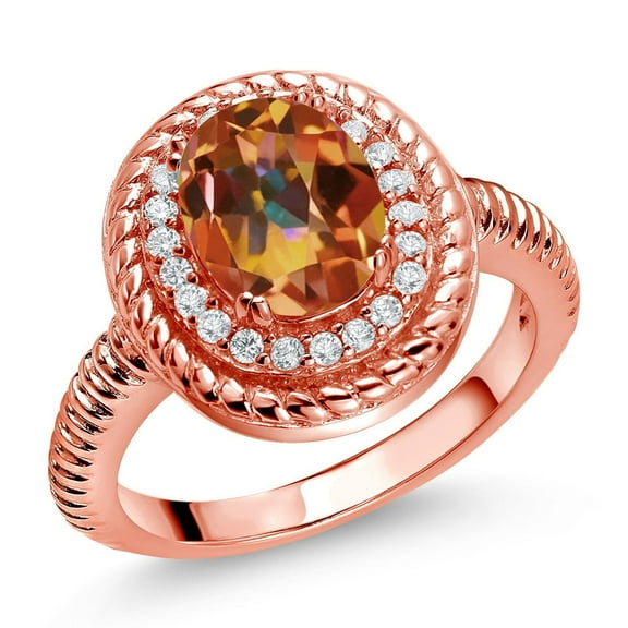 Gem Stone King 2.26 Ct Oval Ecstasy Mystic Topaz 18K Rose Gold Plated Silver Halo Engagement Ring (Size 6)
