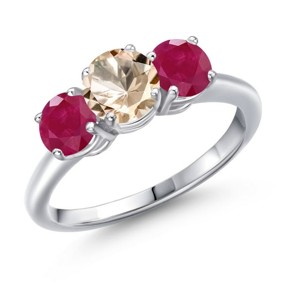 Gem Stone King 925 Sterling Silver Peach Morganite and Red Ruby Engagement Ring for Women | 1.70 Cttw | Round 6MM | Gemstone October Birthstone | Size 6