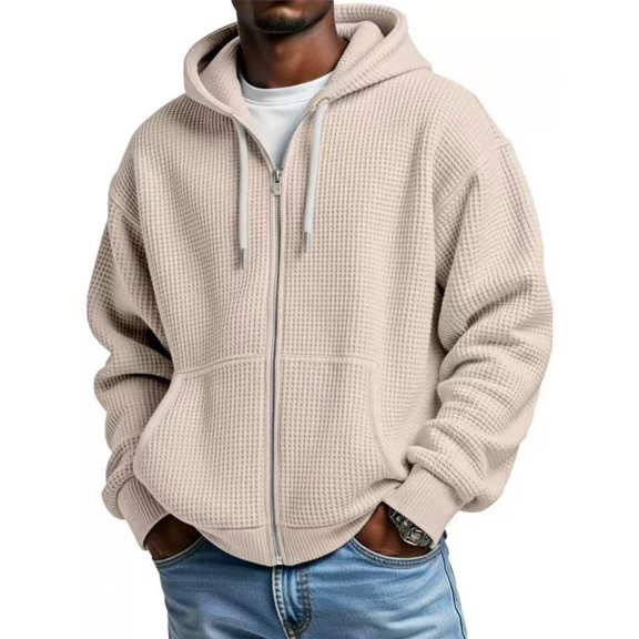 Dweltoz Mens Waffle Knit Hoodies Full Zip Up Hooded Sweatshirts Long Sleeve Drawstring Jacket with Pockets Loose Fit Lightweight Casual Coat,Beige 3XL