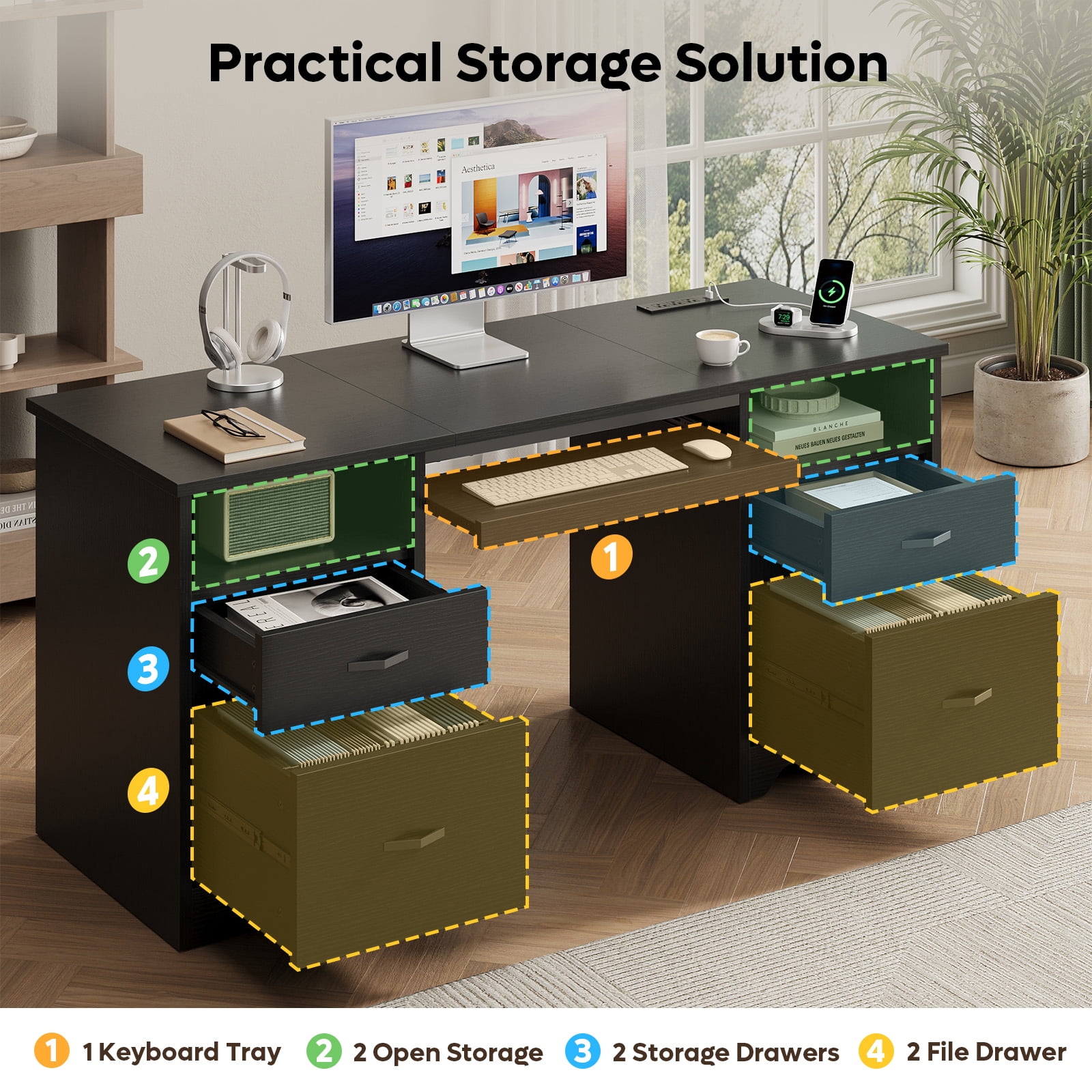 Bestier 59''Computer Desk with 4 Drawers,Office Desk with Storage,Modern Executive Desk with File Drawer, Office Desk with Charging Station, Keyboard Tray for Home office, Study & Bedroom，Black