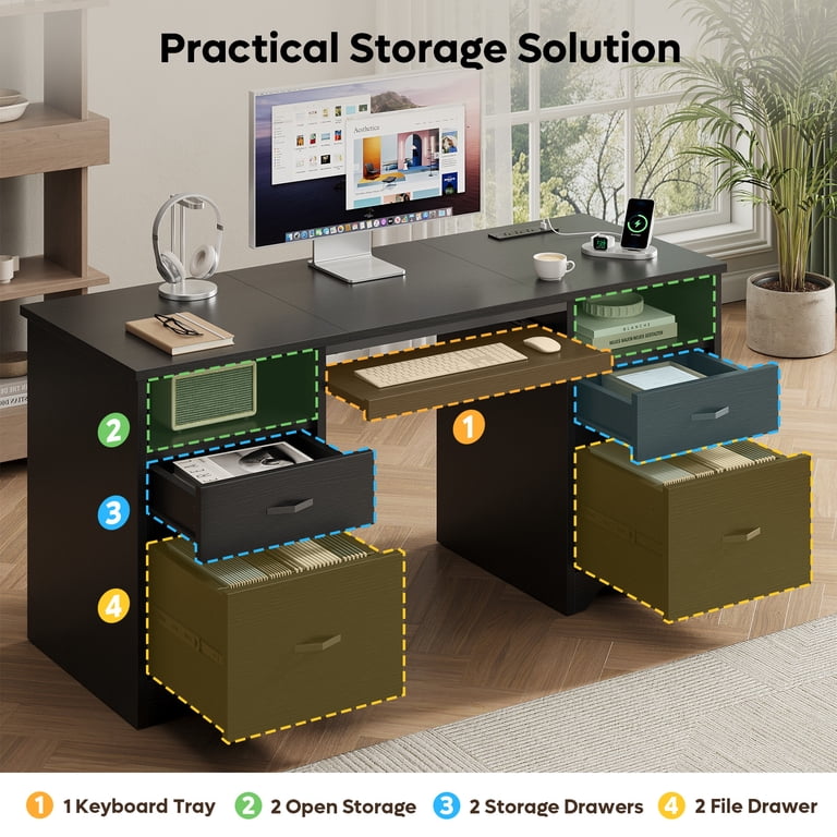 Bestier 59-Inch Executive Desk with Charging Station, Black photo 3