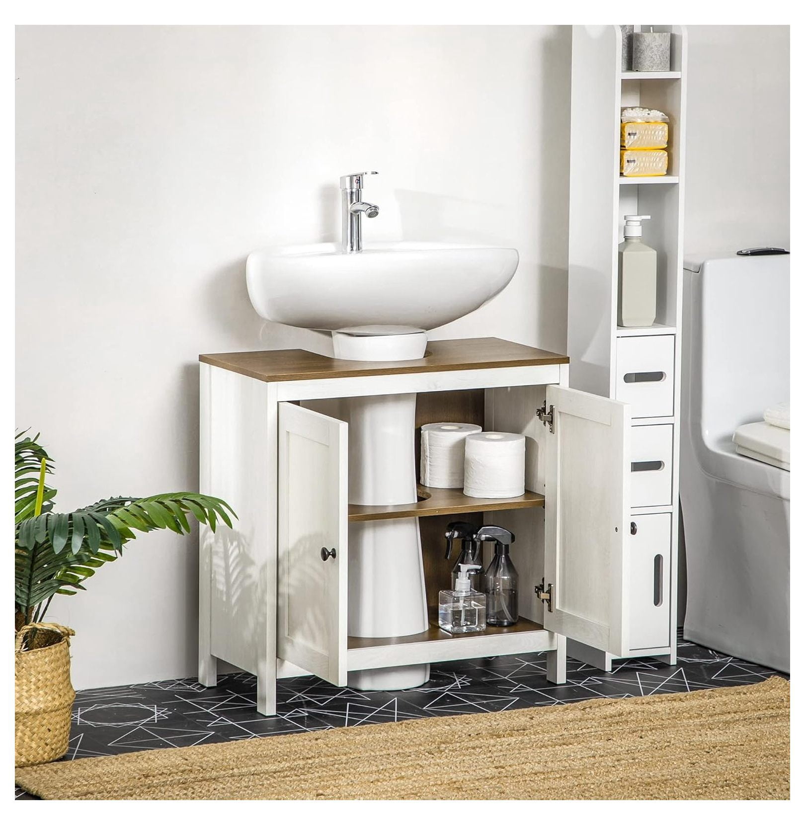 Bathroom Sink Cabinet, Floor Standing Under Sink Organizer, Freestanding Vanity with Adjustable Shelf, Double Door Storage, Antique White