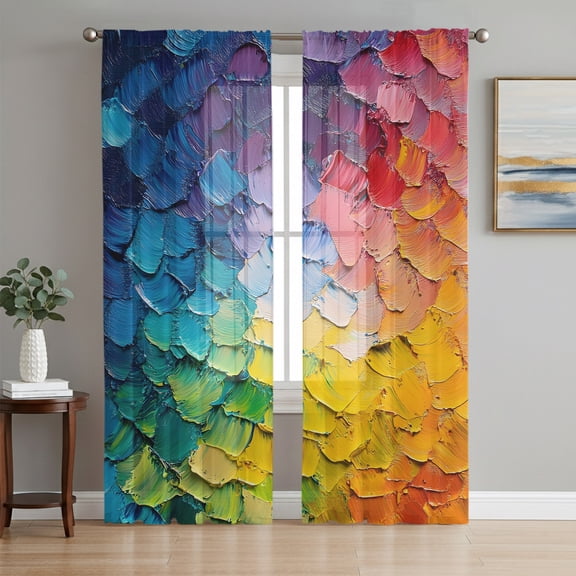 Colorful Oil Painting Sheer Curtains 72 Inch Length 2 Panels Set, Brushstrokes Abstract Art Modern Voile Window Treatment Rod Pocket Curtains Sheers Drapes for Bedroom/Living Room/Kitchen 52"x72"x2