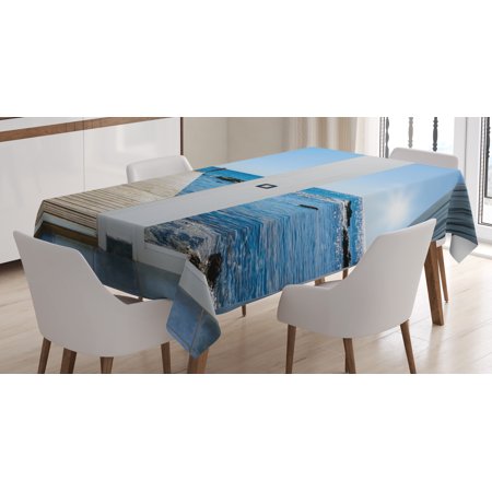 Beach Themed Patio Beach Theme Decor Tablecloth, Coastal Decor Ocean Sea Sunny Scenery with Patio from Window, Rectangular Table Cover for Dining Room Kitchen, 52 X 70 Inches, Light Blue and White, by Ambesonne ()