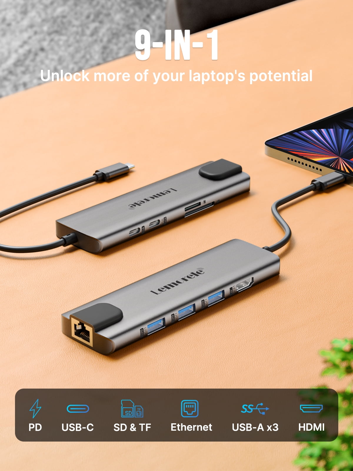 Lemorele 9 in 1 Docking Station with 4K HDMI, Power Port, SD/TF,Gigabit Network, 5Gbps USB 3.0Data Port, USB C Hub for  Dell/HP/Lenovo/Mac Laptop