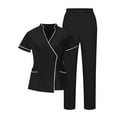 thumbnail image 3 of Pxxlle Scrubs for Women Set Plus Size Short Sleeve Wrap Tops with Pockets Solid Color Long Pants Nurse Uniform Workwear Black XXL, 3 of 10