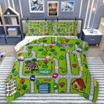 Homewish Colorful Cars Full Size Comforter Sets,City Road Bedding Comforter Set,Green Gray Bedding Sets For Boys Kids,Ultra Soft Home Decor Reversible,3-Piece