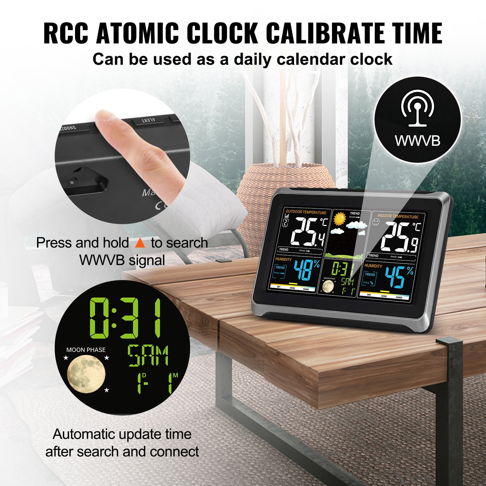 VEVOR 7-in-1 Wireless Weather Station with Sensor Atomic Clock, Indoor/Outdoor Temperature, Indoor/Outdoor Humidity, Personalized Forecast