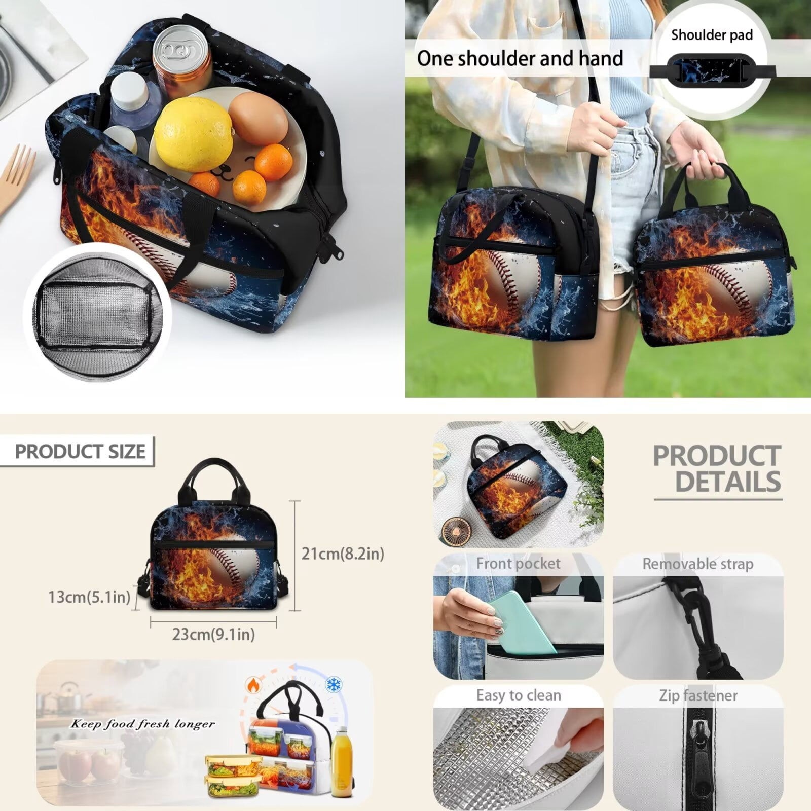 Pzuqiu Fire Baseball Backpack for Girls 8-12 Boys Backpacks with Lunch Box Kids Bookpack Double Shoulder Bag, 4 Piece Backpack Pencil Case 17 Inch Rucksack Travel Bag for Teens