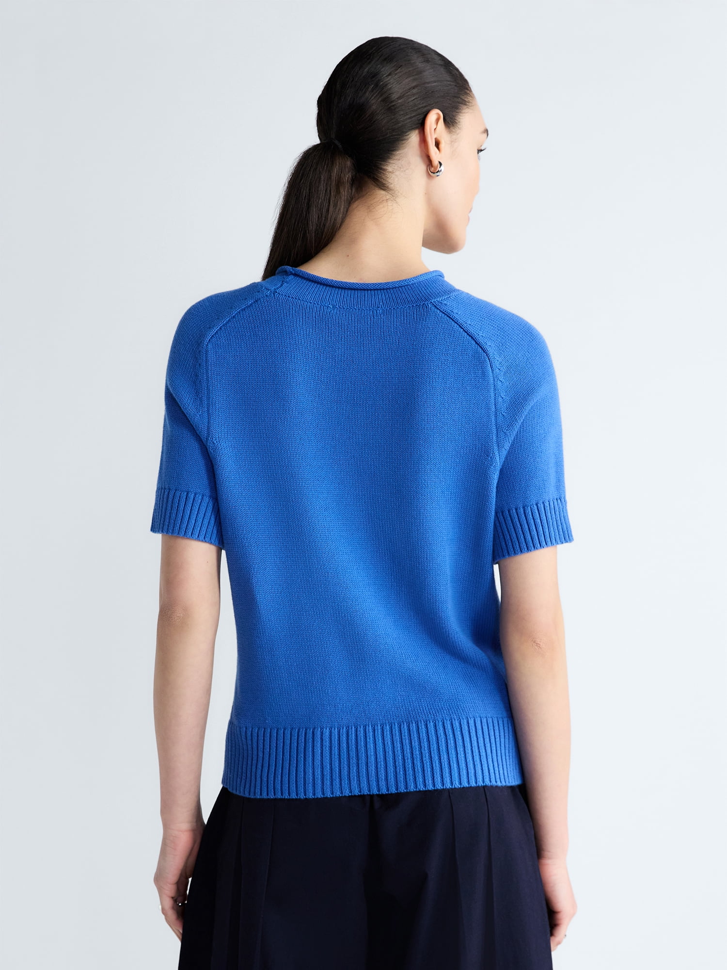 Free Assembly Women's and Women's Plus Roll Neck Cotton Sweater with Short Sleeves, Sizes XS-4X