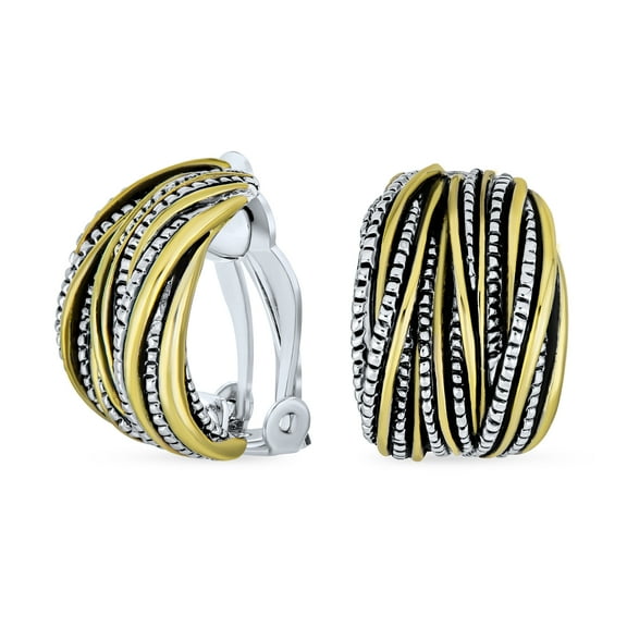 Bling Jewelry Womens Half Hoop Clip-On Earrings Two Tone Caviar Bead Silver Gold