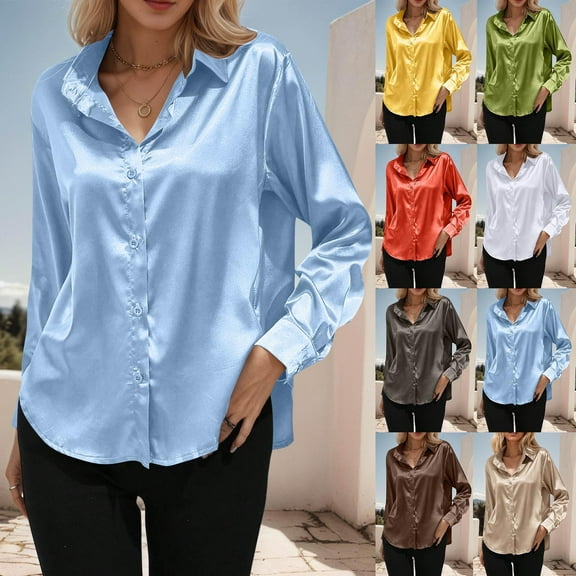 Miluxas Womens Soft Satin Silk Button Down Lapel Shirts for Women Silky Solid Long Sleeve Work Shirts Dressy Blouses Tops Yellow XL(XL)