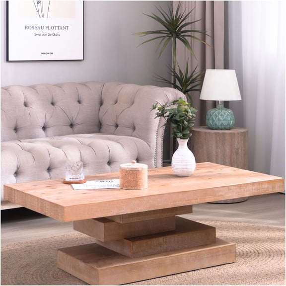 JERFIT Modern Farmhouse Coffee Table, Rectangular Wood Center Table with Stacked Block Base for Living Room, Rustic Natural Finish Engineered Wood Console Table