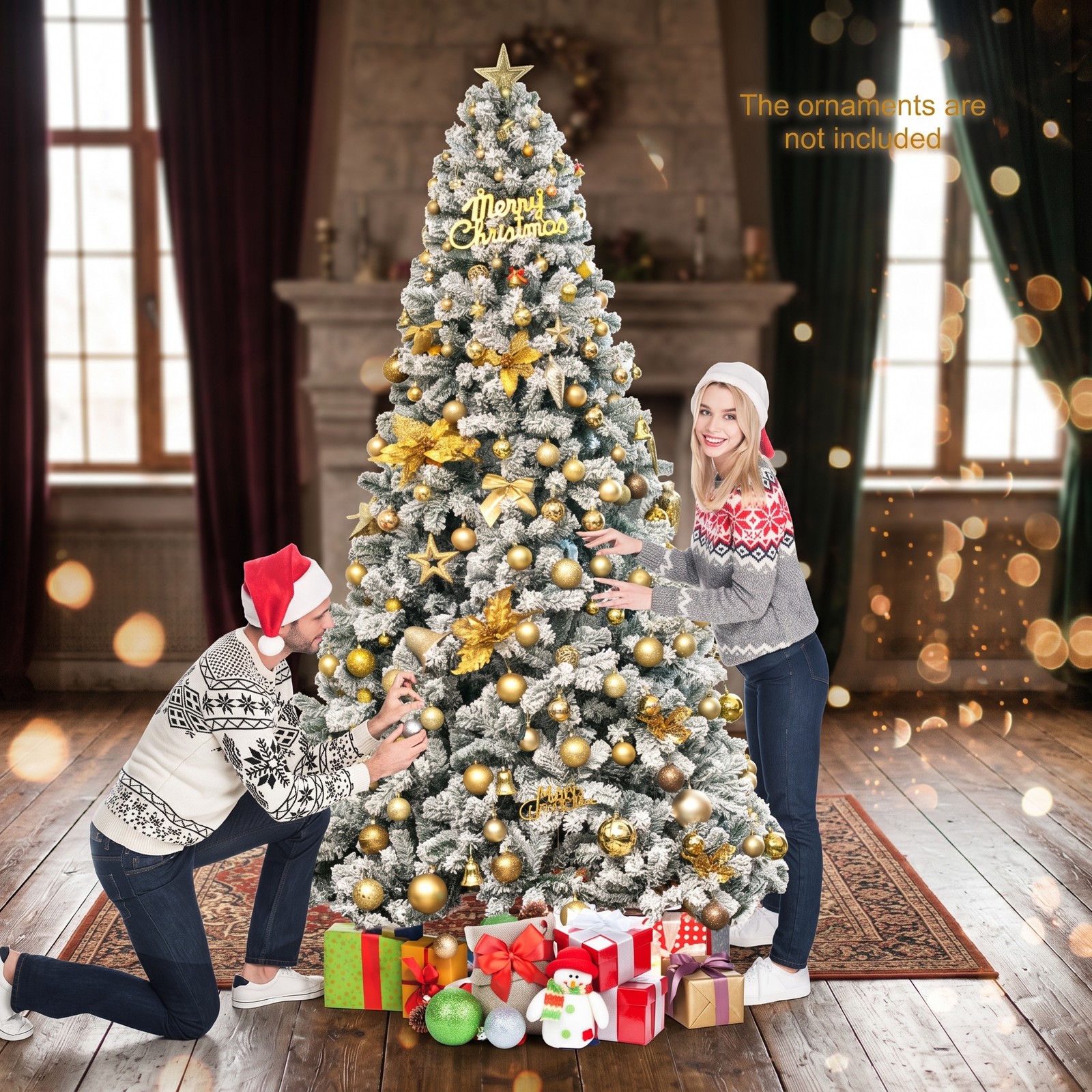RUIE 9 FT Artificial Christmas Tree, Premium Snow Flocked Hinged Full Xmas Tree with Metal Stand, 1498 Branch Tips PVC Holiday Tree for Home Office Party Indoor, White