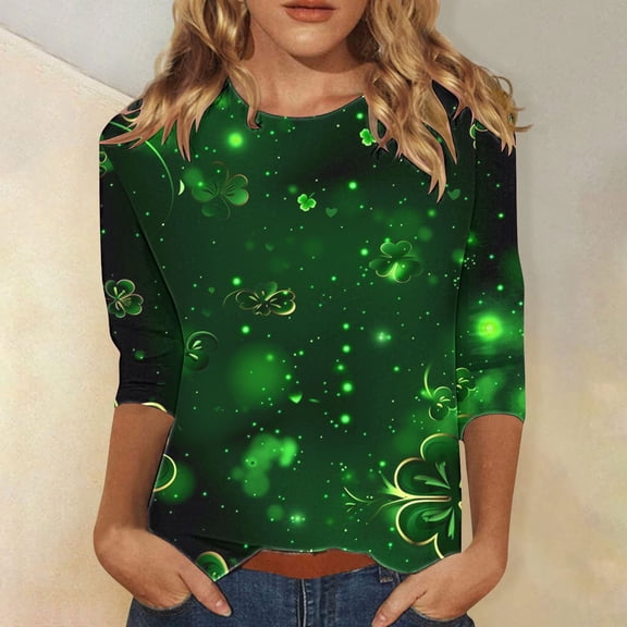 St Patricks Day Top for Women, 3/4 Sleeve T Shirts, Crew Neck Blouse Tops Ladies' Loose Casual St. Patrick's Day Printed Round Neck Three Quarter Sleeves T-Shirt Top