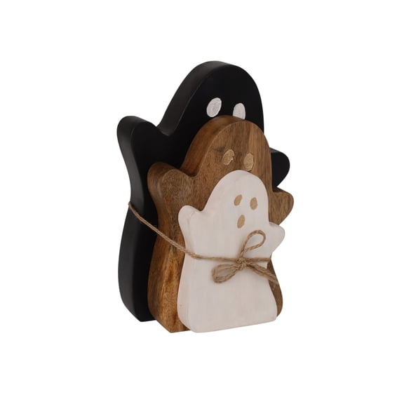 Wooden Ghost Decoration Set, Black/Natural/White, 3 Pieces Halloween Coffee Table Decor Wooden Ghost Coffee Bar Sign | Rustic Halloween Ghost Decorations for Home Office Kitchen Shelf