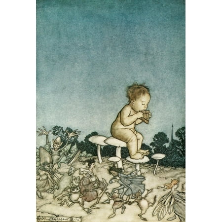 Mushroom Garden Art Peter Pan in Kensington Gardens 1912 Peter on mushrooms with fairies Canvas Art - Arthur Rackham (18 x 24) ()