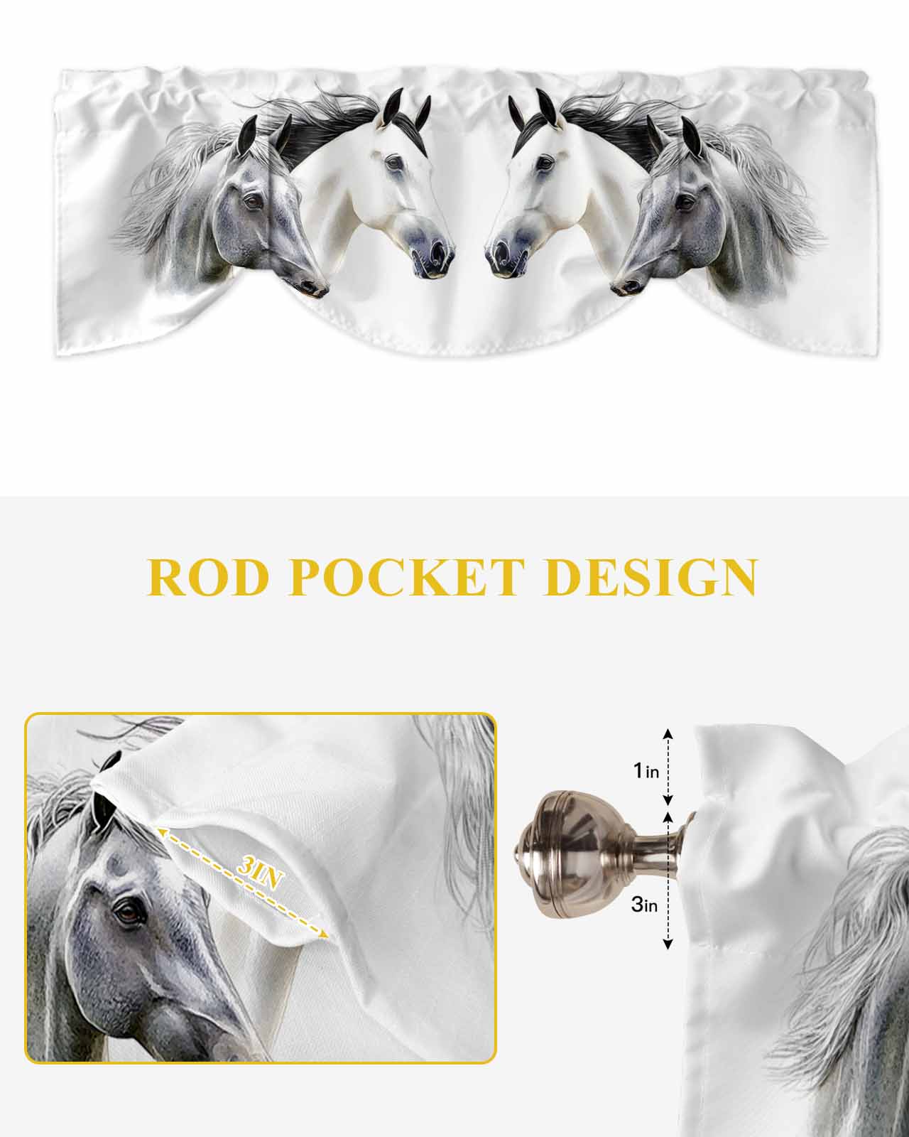 Horse Tie Up Valances Curtain, Watercolor Animal Kitchen Valances for Windows Decor, Rod Pocket Short Curtains Set for Bedroom/Bathroom, 60"x18"
