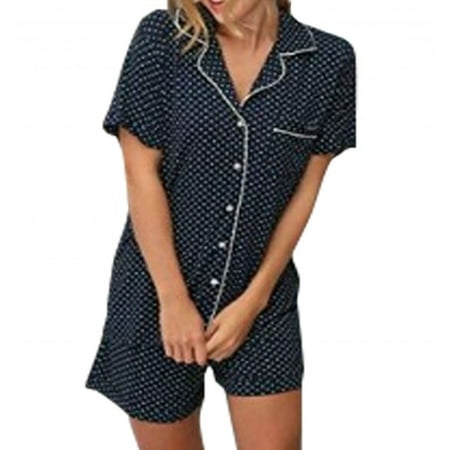 

Women s Polka Dot Striped Button Short Sleeve Shirt Shorts Pajamas Set Summer Sleepwear 2 Piece