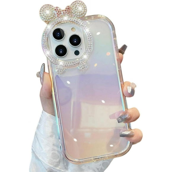 Threesee Mickey Mouse Cartoon Case for iPhone 14 Pro Max, Sparkling Diamond Cute Bow Soft TPU Women's Girls' Child Protection Transparent Case