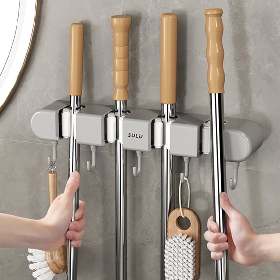 Self Adhesive Broom Holder Wall Mount, 4 Racks 5 Hooks Mop Organizer, No Drilling Tool Storage Rack for Laundry Room, Gray