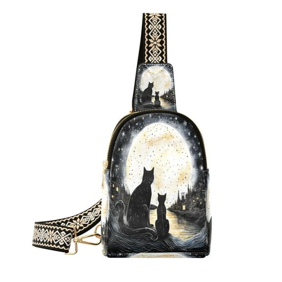 joogoo Cat in Night with Moon Sling Backpack Crossbody Shoulder Bags Waist Packs Chest Bag