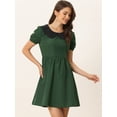 thumbnail image 2 of Vestido entallado y con vuelo de manga corta abullonada con cuello Peter Pan en contraste para mujer Verde Oscuro S, 2 of 6